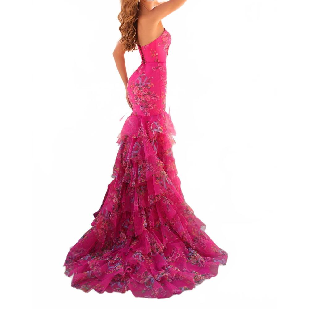 NEW AMARRA strapless floral gown with ruffle skirt style in fushia multi - Picture 2 of 2